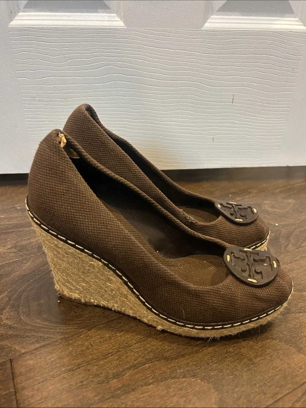 Tory Burch Brown Canvas Open-Toe Wedge Sandals